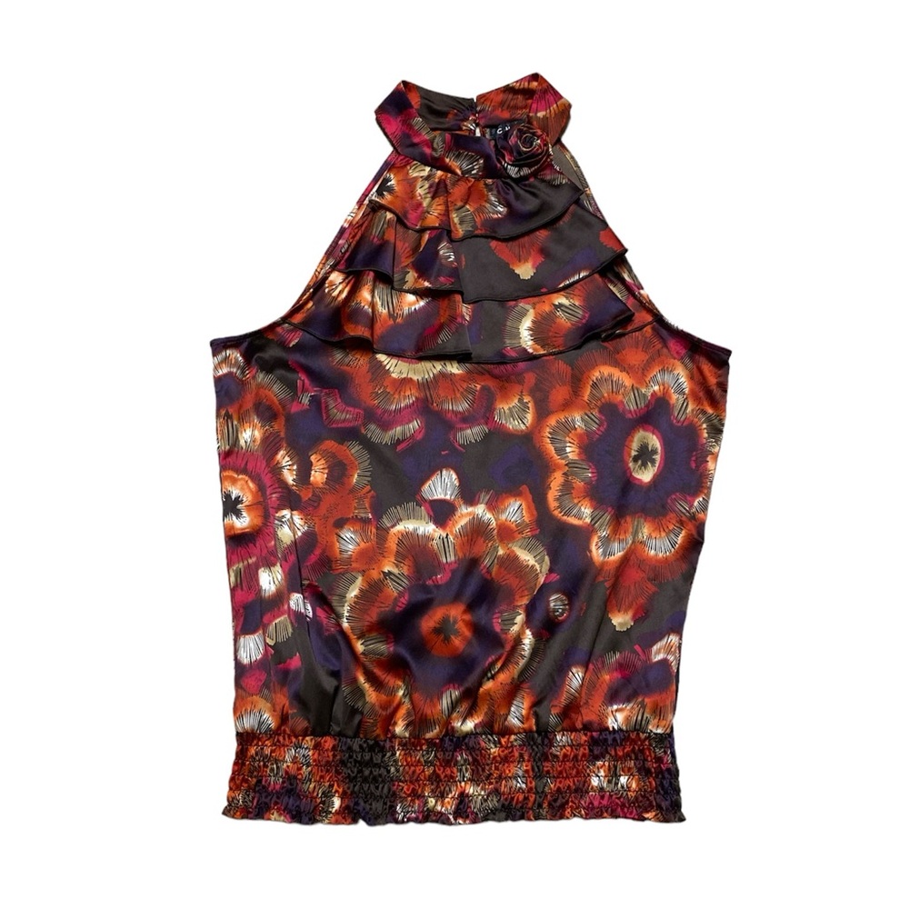 Chime Halter Tank Top Women’s XL Floral Blouse Smocked Sleeveless Shirt Casual